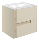 Distinct 615mm Wall Hung 2 Drawer Basin Unit & 0TH White Thin Edge Basin - Matt Cotton & Oak Effect