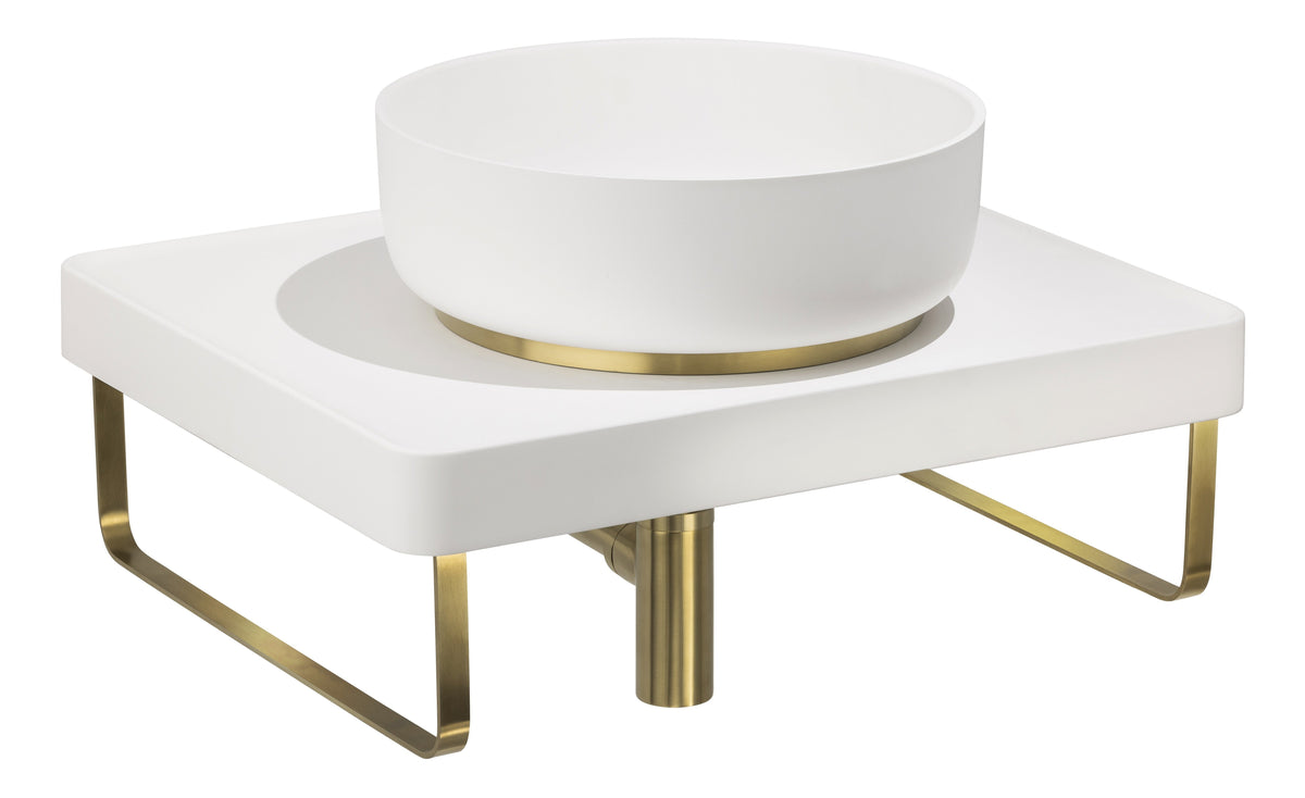 Abode Tableau/Cava Shelf & Round Basin Set - Chalk White w/Brushed Brass Finishes