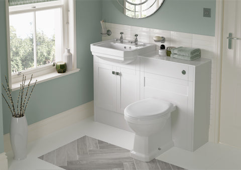 Sherford Back To Wall WC & Satin White Wood Effect Seat w/Br.Brass Finishes