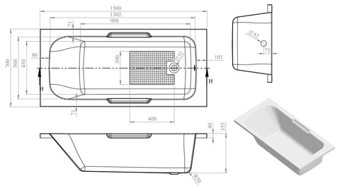 Balie Gripped 1500x700x550mm 0TH Bath w/Legs