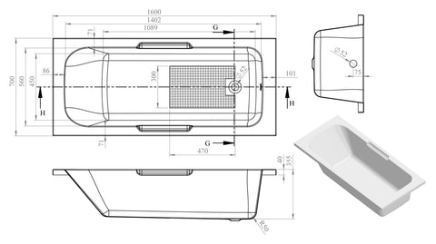 Balie Gripped 1600x700x550mm 0TH Bath w/Legs
