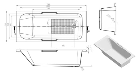 Balie Gripped SUPERCAST 1700x700x550mm 0TH Bath w/Legs