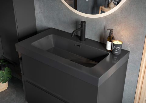 Distinct 615mm Wall Hung 2 Drawer Basin Unit & 1TH White Basin - Matt Black & Glass