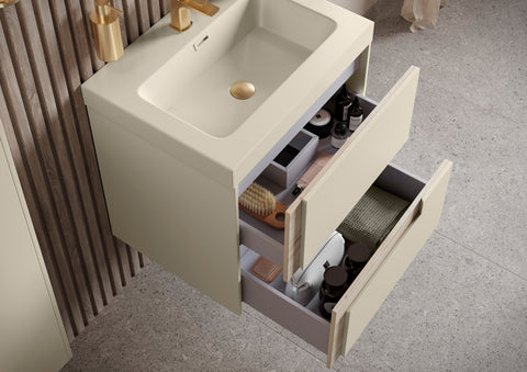 Distinct 615mm Wall Hung 2 Drawer Basin Unit & 1TH White Basin - Matt Cotton & Oak Effect