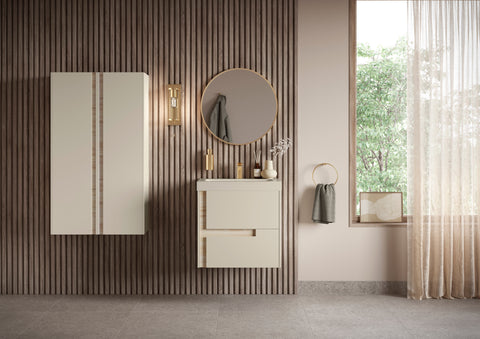Distinct 605mm Wall Hung 2 Drawer Basin Unit & 1TH Co-ordinating Basin - Matt Cotton & Oak Effect