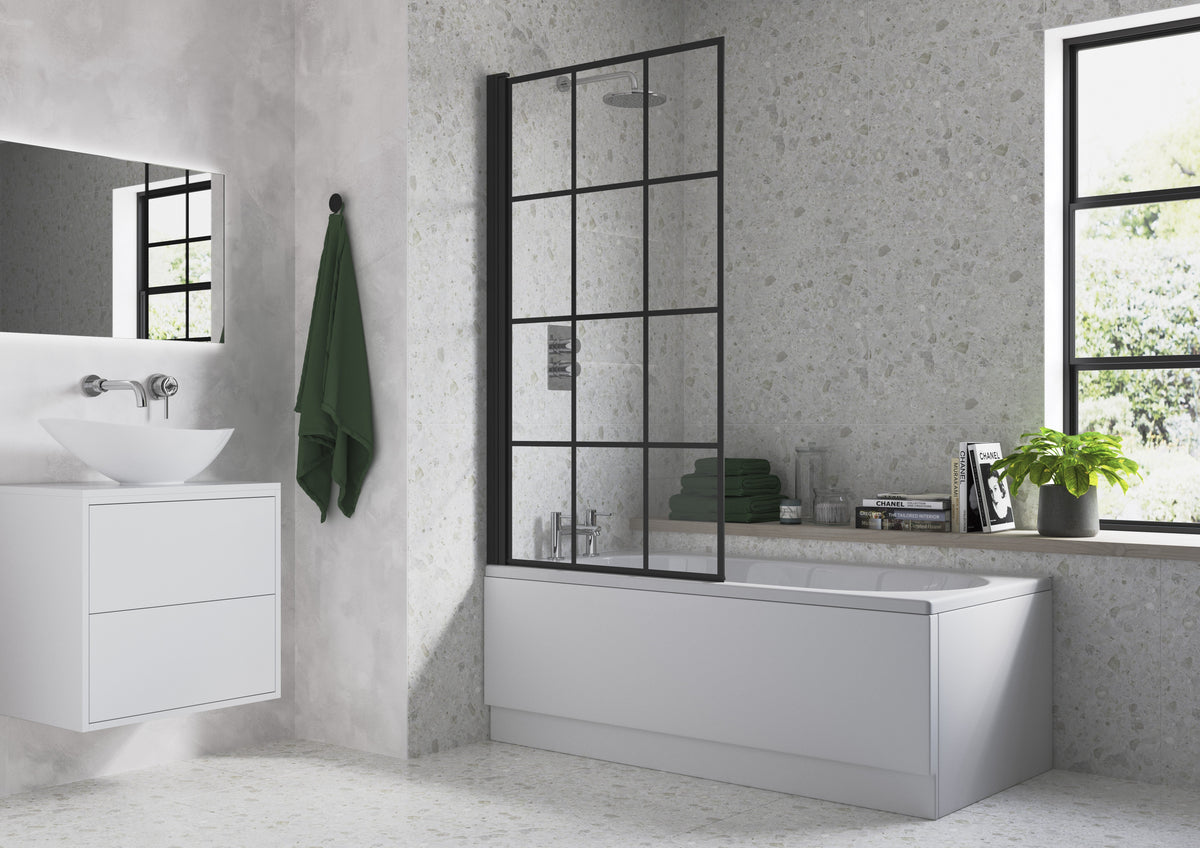 800x1500mm Single Straight Bath Screen (6mm) - Black Framed