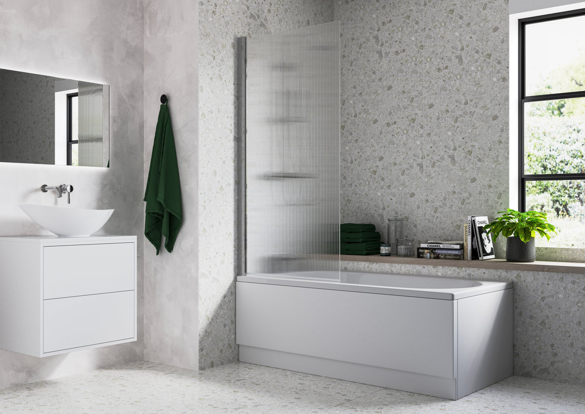 Fluted 800x1500mm Single Straight Bath Screen (5mm) - Chrome