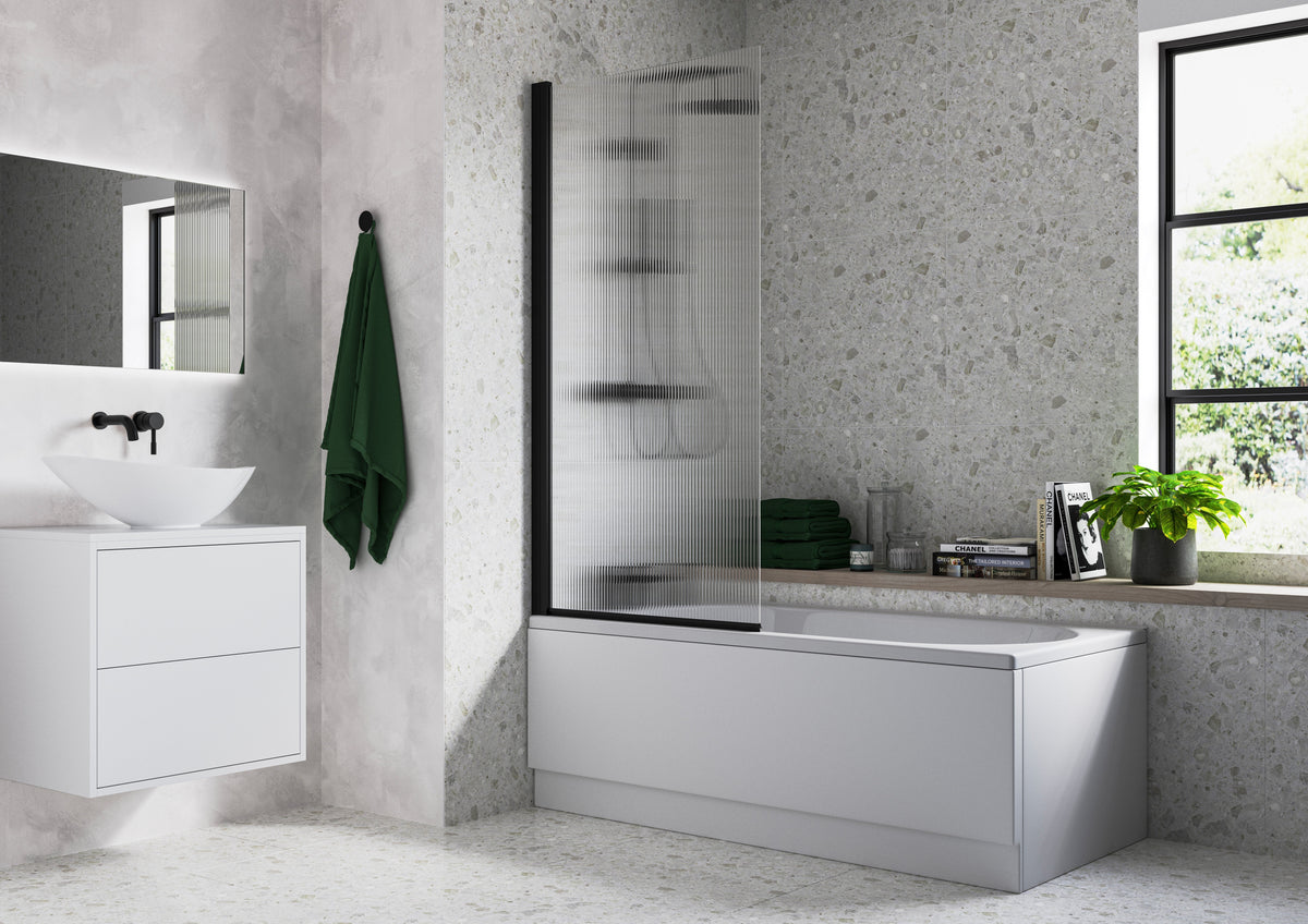 Fluted 800x1500mm Single Straight Bath Screen (5mm) - Matt Black
