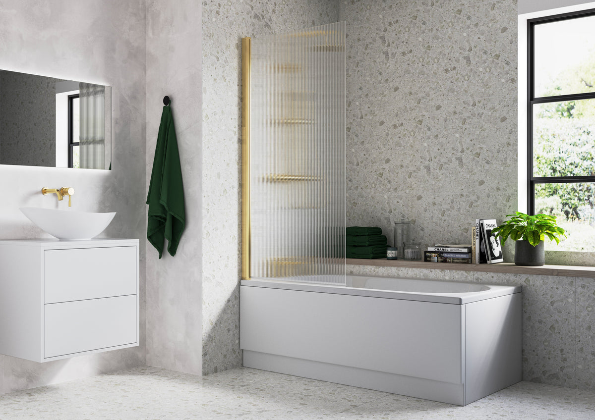 Fluted 800x1500mm Single Straight Bath Screen (5mm) - Brushed Brass