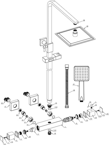 Square Thermostatic Bar Mixer w/Riser Kit - Chrome