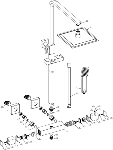 Square Thermostatic Bar Mixer w/Riser Kit - Matt Black