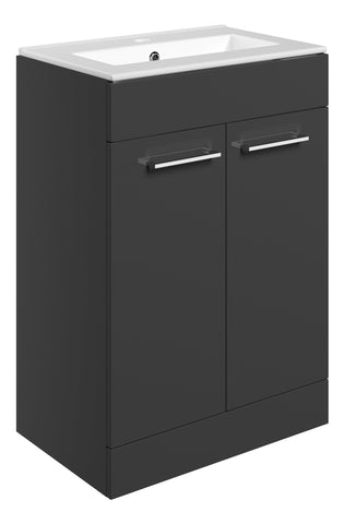 Volga 610mm Floor Standing 2 Door Basin Unit & 1TH Thin Edge Basin - Anthracite Gloss