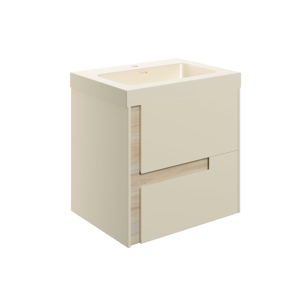Distinct 605mm Wall Hung 2 Drawer Basin Unit & 1TH Co-ordinating Basin - Matt Cotton & Oak Effect