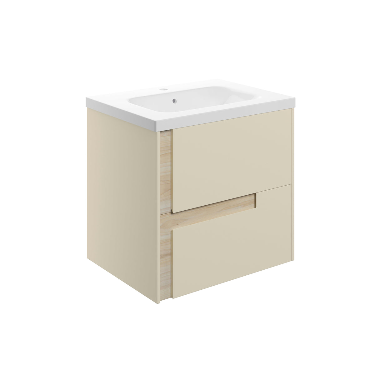 Distinct 615mm Wall Hung 2 Drawer Basin Unit & 1TH White Basin - Matt Cotton & Oak Effect