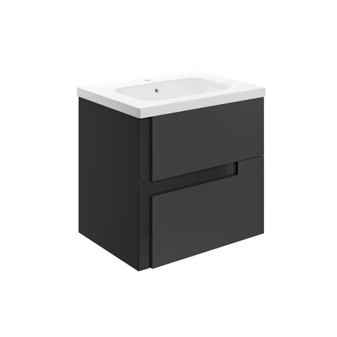 Distinct 615mm Wall Hung 2 Drawer Basin Unit & 1TH White Basin - Matt Black & Glass
