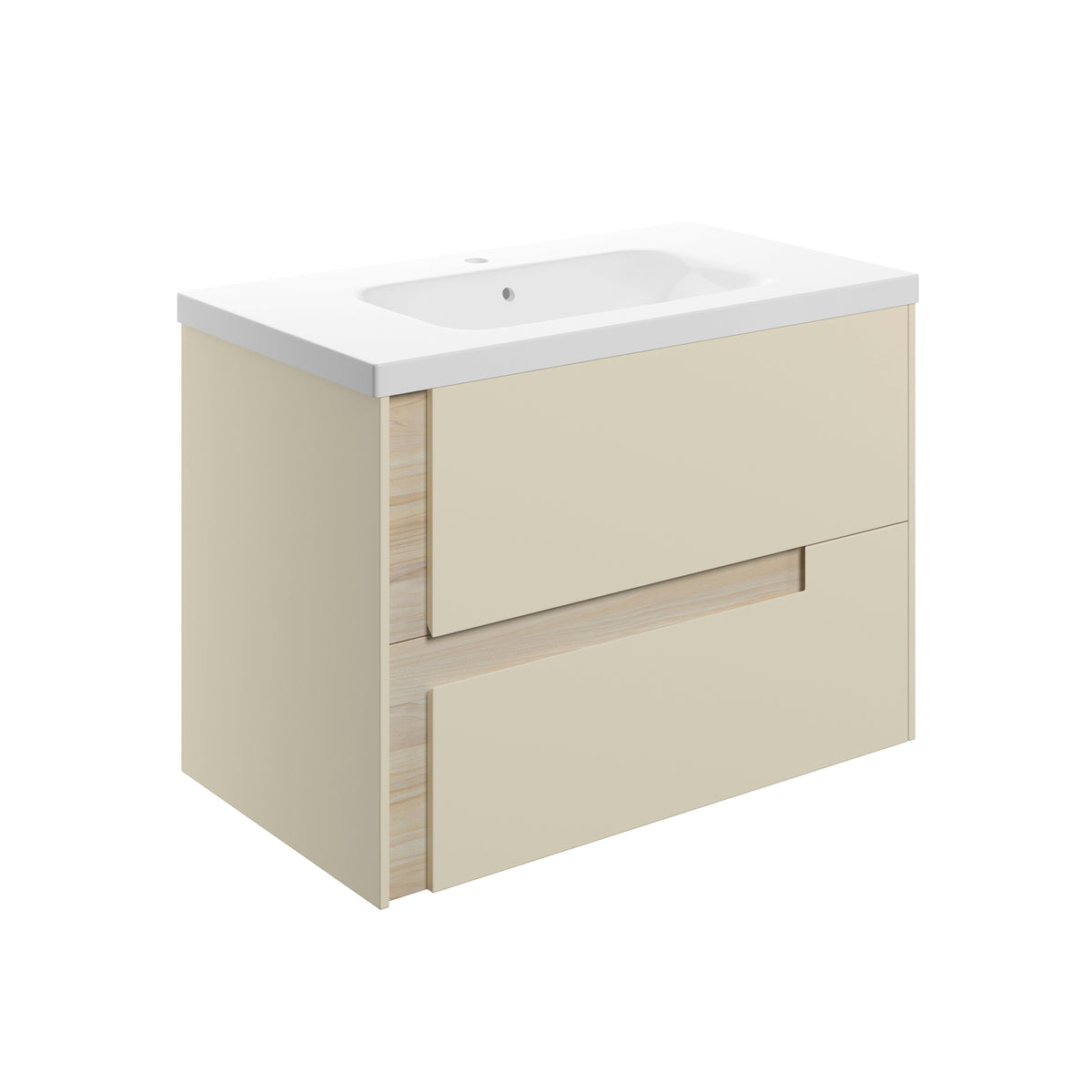 Distinct 815mm Wall Hung 2 Drawer Basin Unit & 1TH White Basin - Matt Cotton & Oak Effect