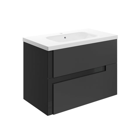 Distinct 815mm Wall Hung 2 Drawer Basin Unit & 1TH White Basin - Matt Black & Glass