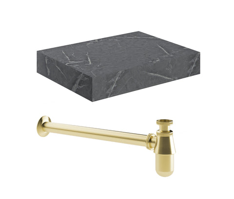 Character 600mm Wall Hung Grey Marble Basin Shelf & Brushed Brass Bottle Trap