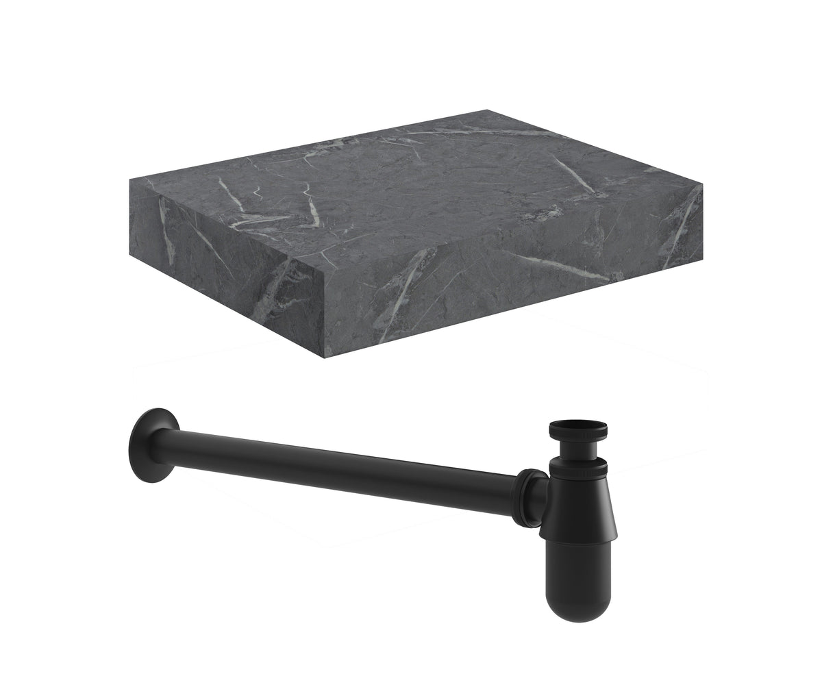 Character 600mm Wall Hung Grey Marble Basin Shelf & Black Bottle Trap