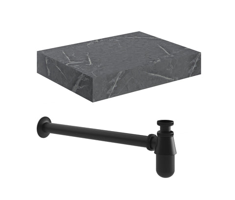 Character 600mm Wall Hung Grey Marble Basin Shelf & Black Bottle Trap