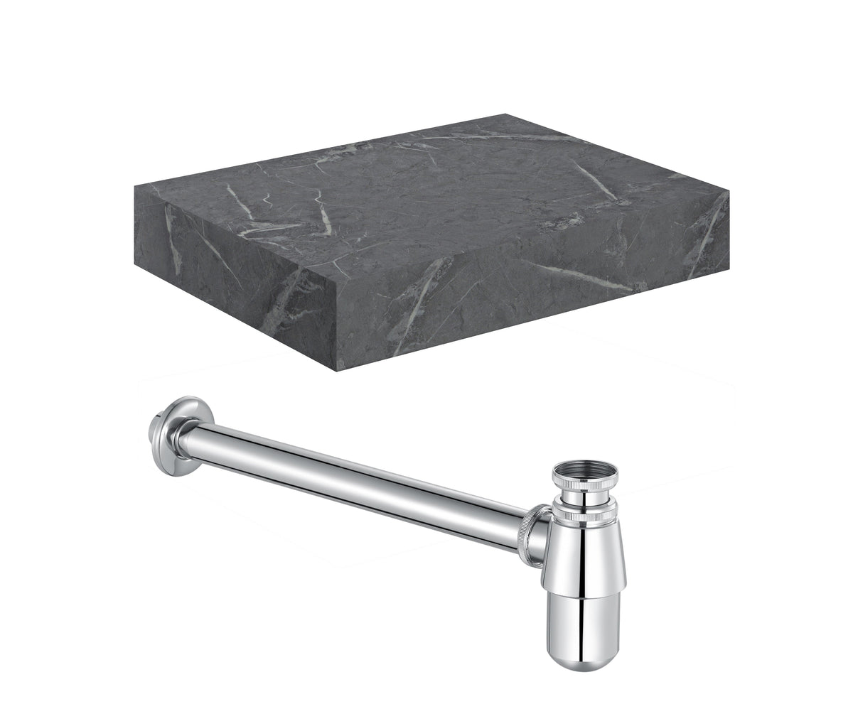 Character 600mm Wall Hung Grey Marble Basin Shelf & Chrome Bottle Trap