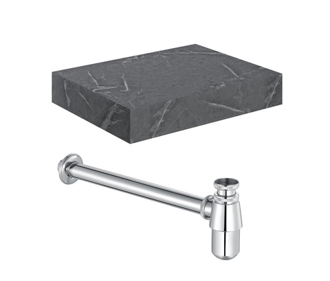 Character 600mm Wall Hung Grey Marble Basin Shelf & Chrome Bottle Trap