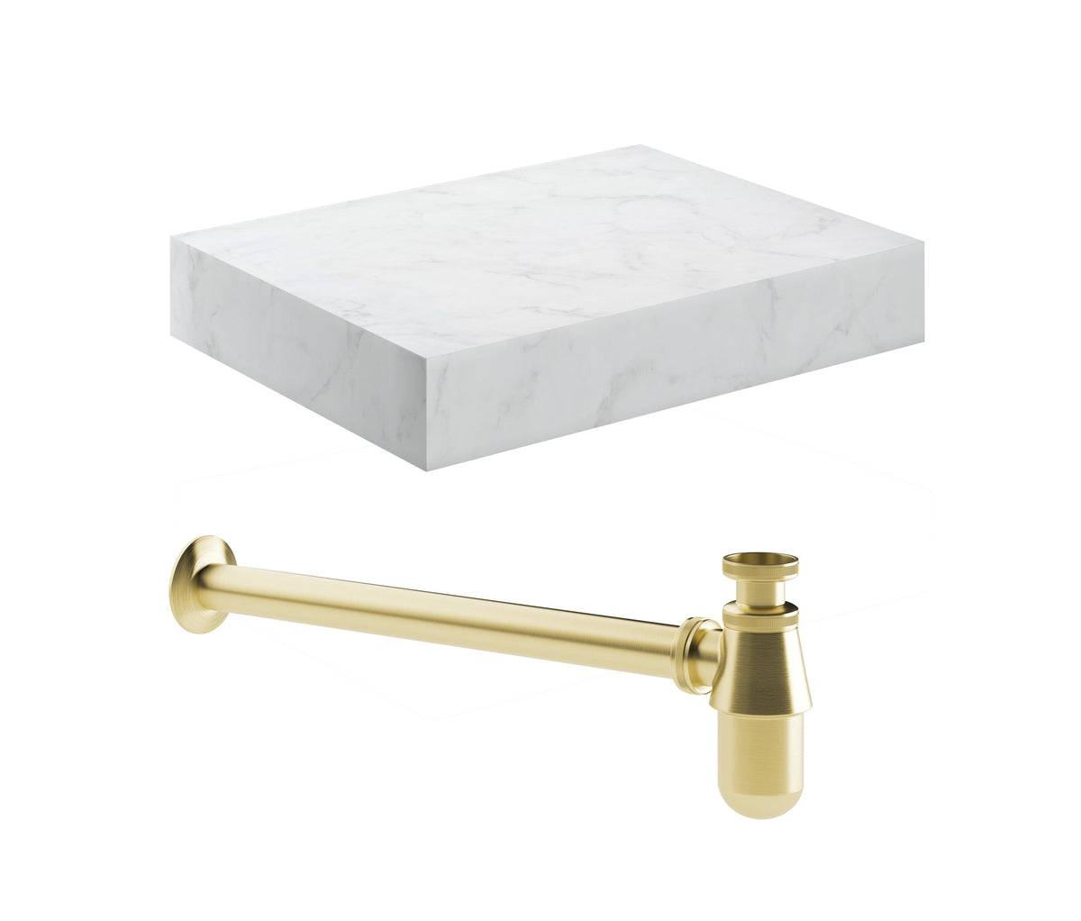 Character 600mm Wall Hung White Marble Basin Shelf & Brushed Brass Bottle Trap
