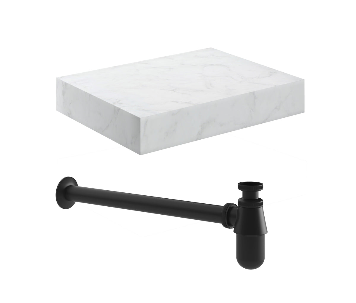 Character 600mm Wall Hung White Marble Basin Shelf & Black Bottle Trap