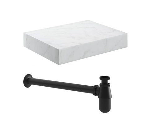 Character 600mm Wall Hung White Marble Basin Shelf & Black Bottle Trap