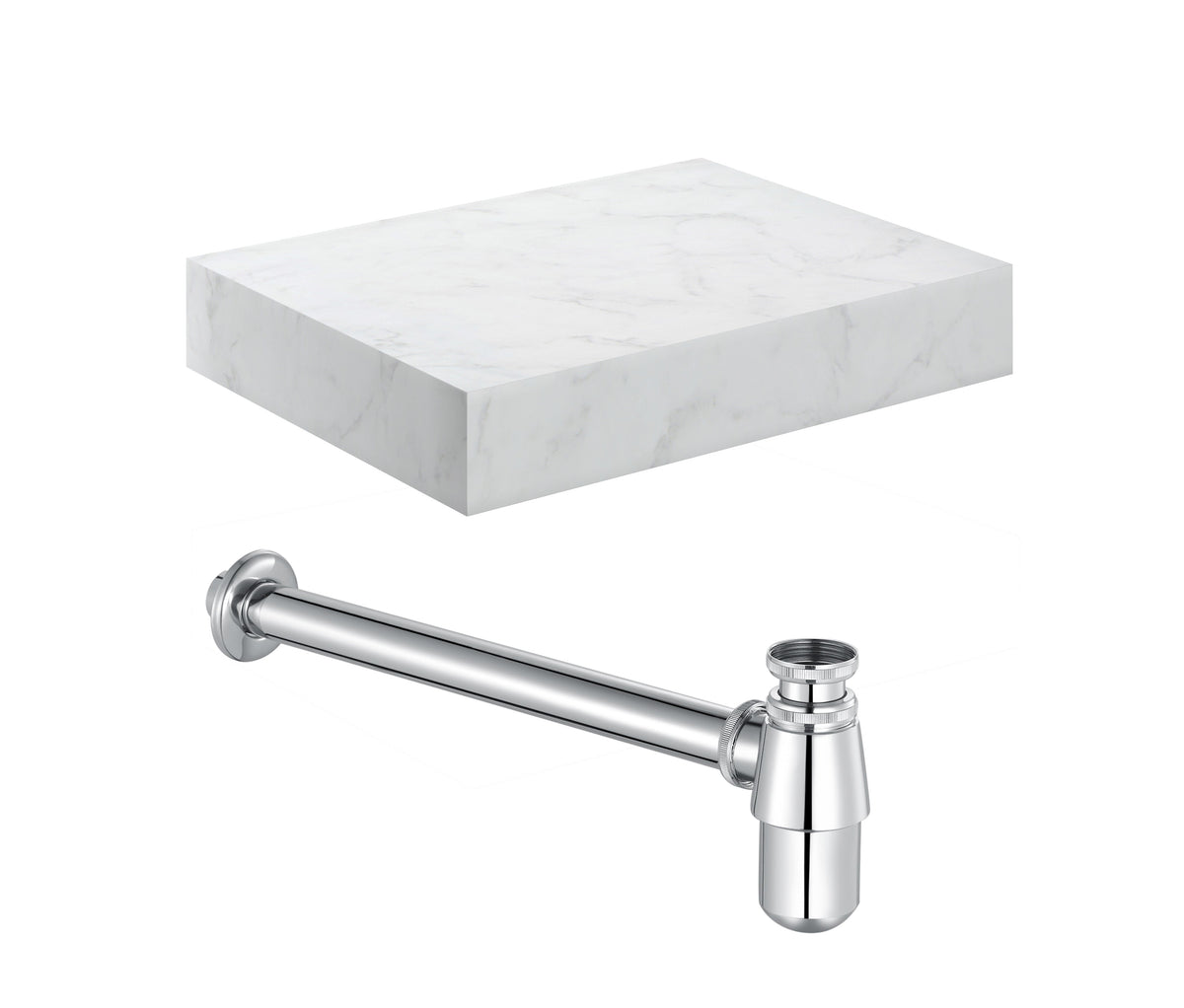 Character 600mm Wall Hung White Marble Basin Shelf & Chrome Bottle Trap