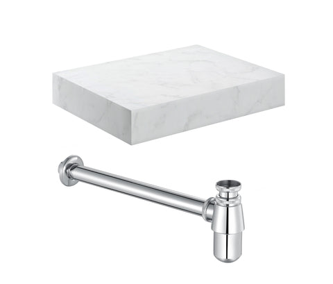 Character 600mm Wall Hung White Marble Basin Shelf & Chrome Bottle Trap