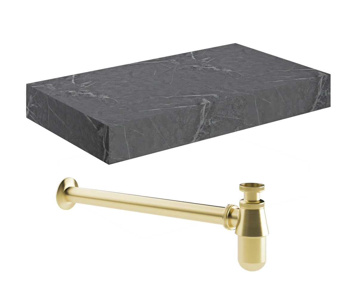 Character 800mm Wall Hung Grey Marble Basin Shelf & Brushed Brass Bottle Trap