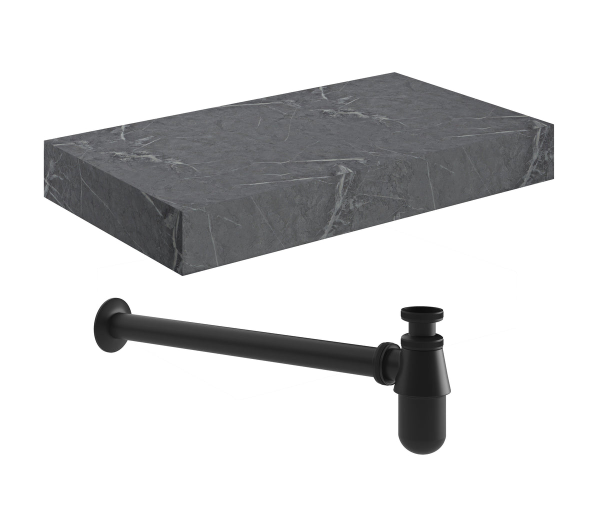 Character 800mm Wall Hung Grey Marble Basin Shelf & Black Bottle Trap