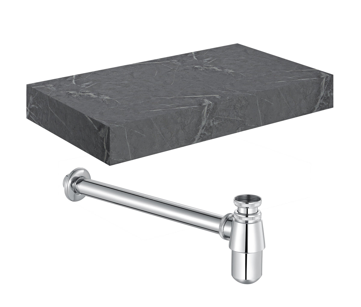 Character 800mm Wall Hung Grey Marble Basin Shelf & Chrome Bottle Trap