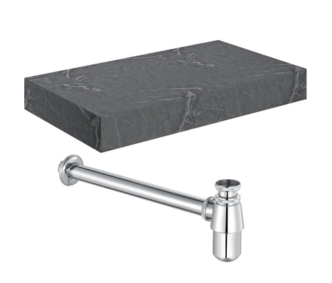 Character 800mm Wall Hung Grey Marble Basin Shelf & Chrome Bottle Trap