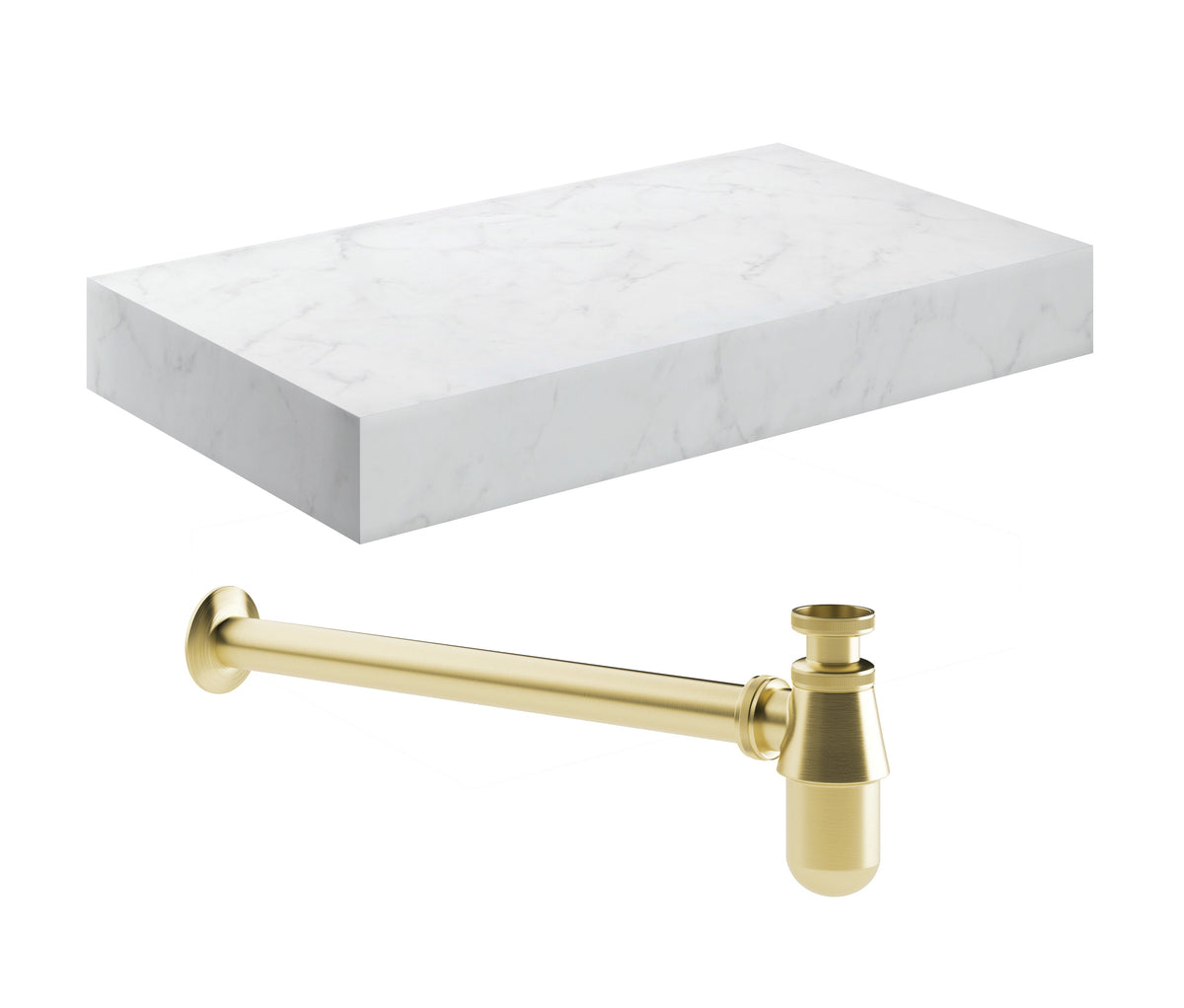 Character 800mm Wall Hung White Marble Basin Shelf & Brushed Brass Bottle Trap