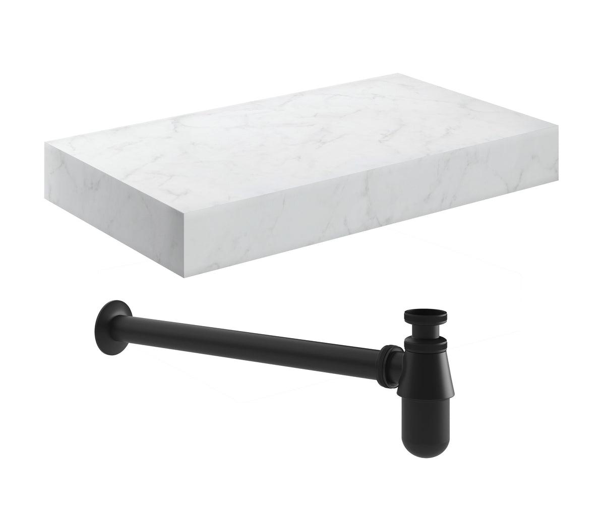 Character 800mm Wall Hung White Marble Basin Shelf & Black Bottle Trap