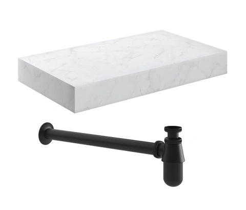 Character 800mm Wall Hung White Marble Basin Shelf & Black Bottle Trap