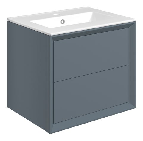 Press 610mm Wall Hung 2 Drawer Basin Unit & 1TH Thin Edge Basin - Matt Storm Blue