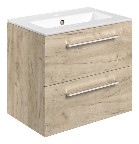 Volga 610mm Wall Hung 2 Drawer Basin Unit & 1TH Thin Edge Basin - Oak