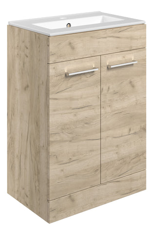 Volga 610mm Floor Standing 2 Door Basin Unit & 1TH Thin Edge Basin - Oak