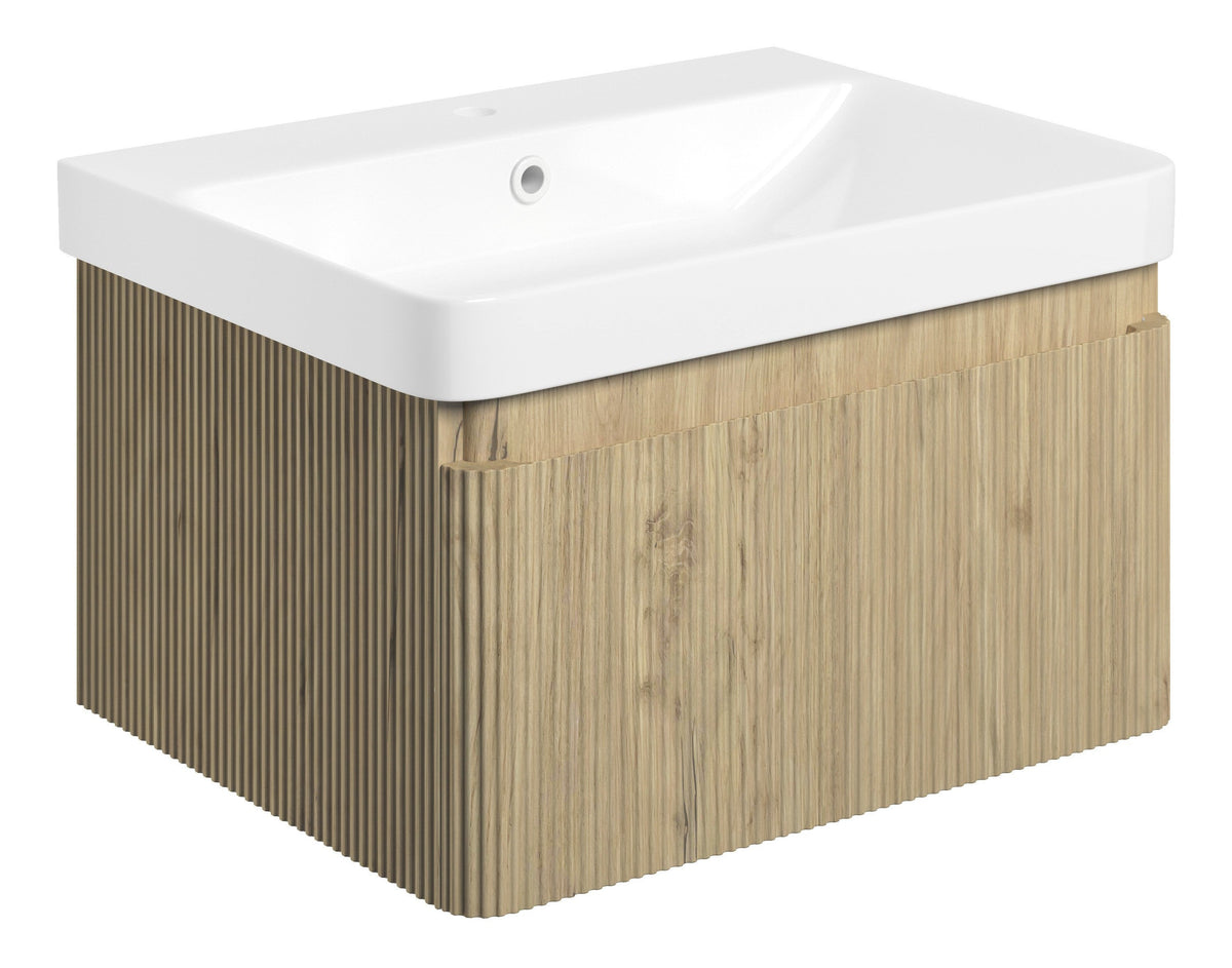Kubes 605mm Wall Hung 1 Drawer Basin Unit & Basin - Textured Oak