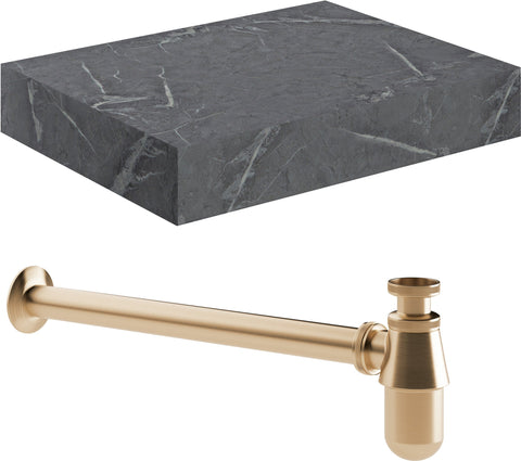 Character 600mm Wall Hung Grey Marble Basin Shelf & Brushed Bronze Bottle Trap
