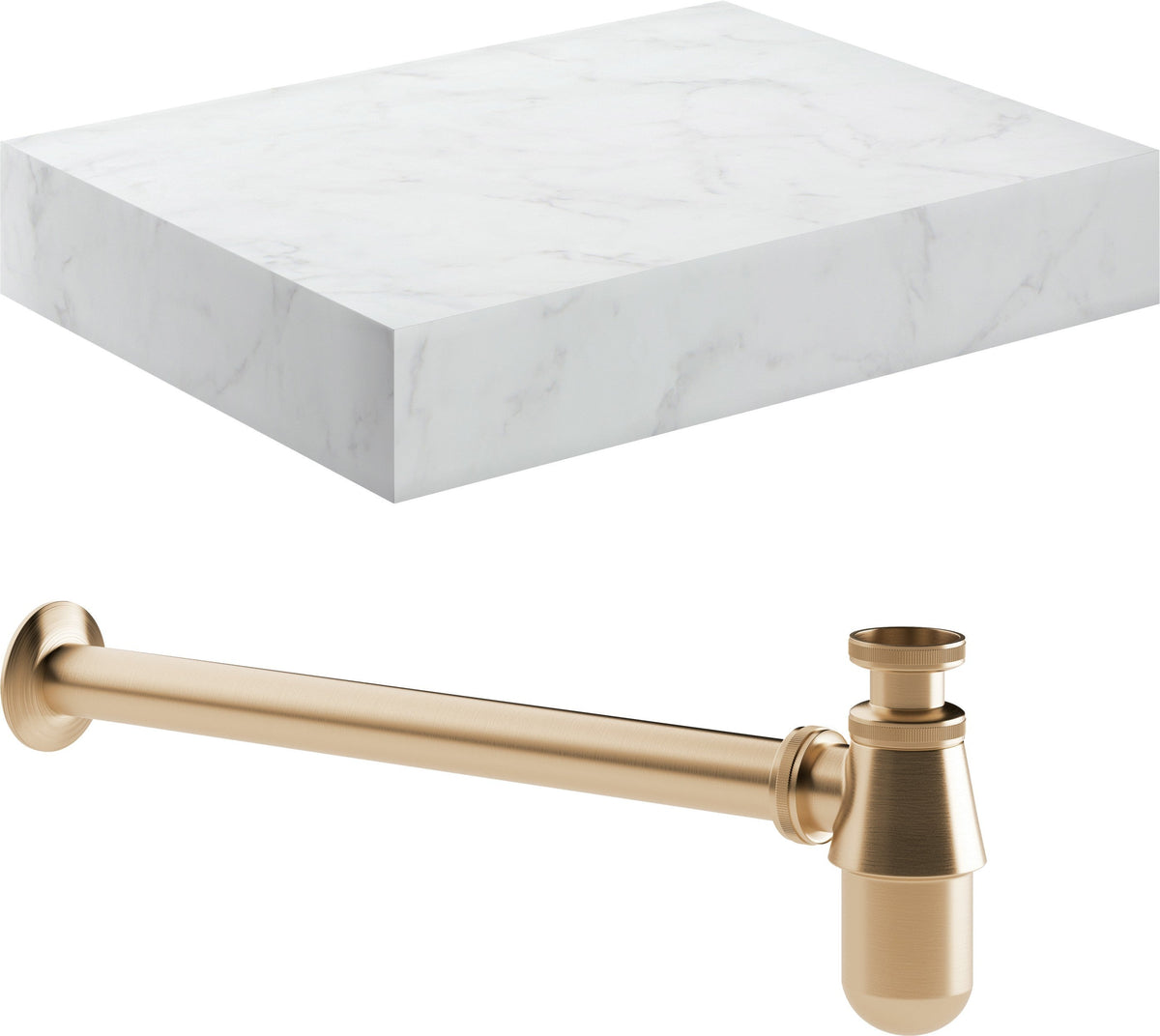 Character 600mm Wall Hung White Marble Basin Shelf & Brushed Bronze Bottle Trap