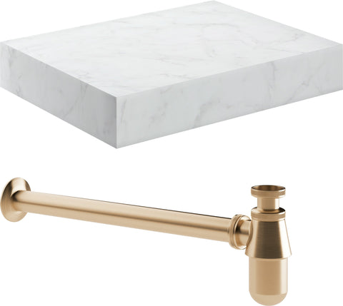Character 600mm Wall Hung White Marble Basin Shelf & Brushed Bronze Bottle Trap
