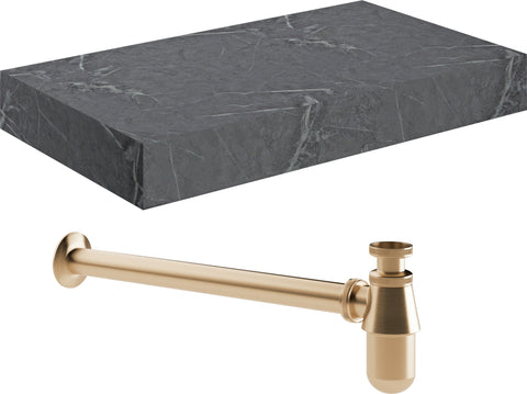 Character 800mm Wall Hung Grey Marble Basin Shelf & Brushed Bronze Bottle Trap