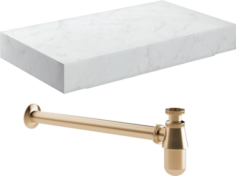 Character 800mm Wall Hung White Marble Basin Shelf & Brushed Bronze Bottle Trap