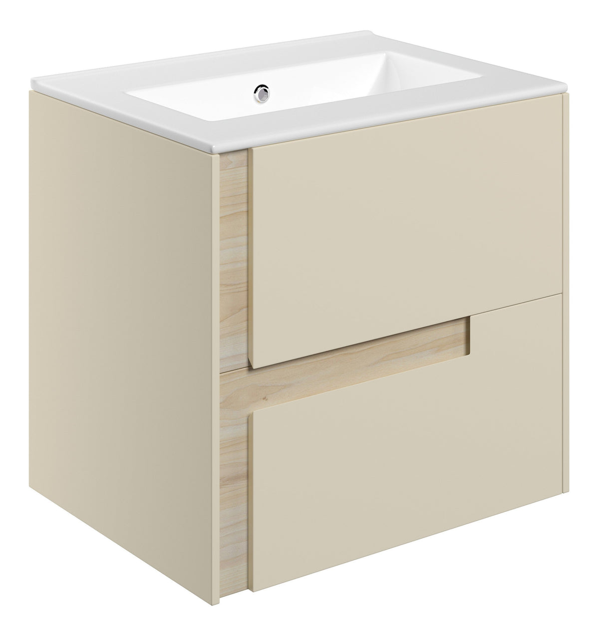 Distinct 615mm Wall Hung 2 Drawer Basin Unit & 0TH White Thin Edge Basin - Matt Cotton & Oak Effect