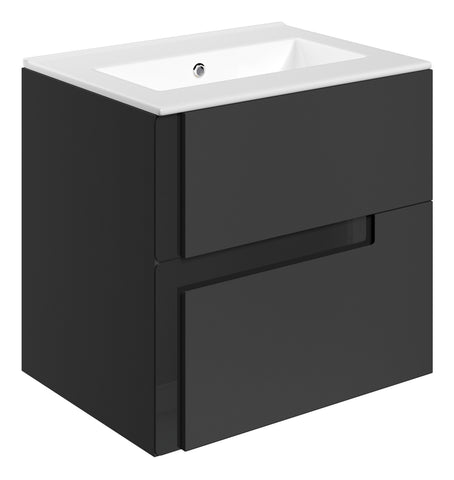Distinct 615mm Wall Hung 2 Drawer Basin Unit & 0TH White Thin Edge Basin - Matt Black & Glass