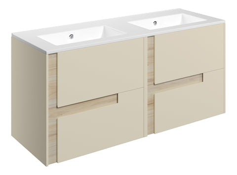 Distinct 1210mm Wall Hung 4 Drawer Basin Unit & 2TH White Basin - Matt Cotton & Oak Effect